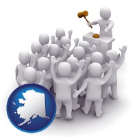 alaska map icon and a 3d auction rendering, showing an auctioneer, a hammer, and bidders