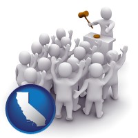 california a 3d auction rendering, showing an auctioneer, a hammer, and bidders