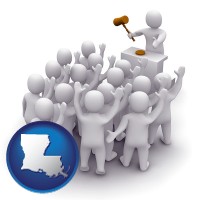louisiana map icon and a 3d auction rendering, showing an auctioneer, a hammer, and bidders
