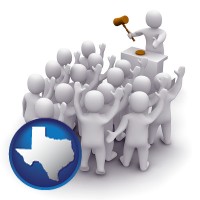 texas map icon and a 3d auction rendering, showing an auctioneer, a hammer, and bidders