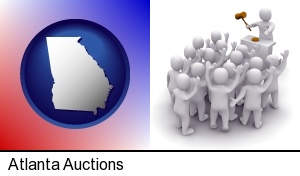 a 3d auction rendering, showing an auctioneer, a hammer, and bidders in Atlanta, GA