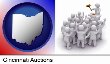 a 3d auction rendering, showing an auctioneer, a hammer, and bidders in Cincinnati, OH