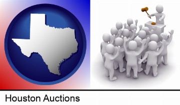 a 3d auction rendering, showing an auctioneer, a hammer, and bidders in Houston, TX