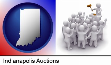 a 3d auction rendering, showing an auctioneer, a hammer, and bidders in Indianapolis, IN