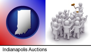 Indianapolis, Indiana - a 3d auction rendering, showing an auctioneer, a hammer, and bidders