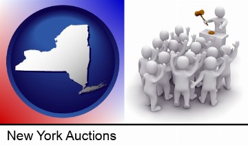 a 3d auction rendering, showing an auctioneer, a hammer, and bidders in New York, NY