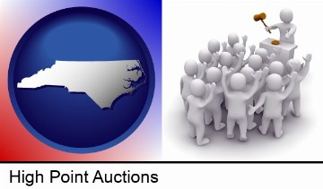 a 3d auction rendering, showing an auctioneer, a hammer, and bidders in High Point, NC