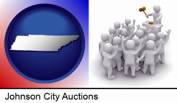 a 3d auction rendering, showing an auctioneer, a hammer, and bidders in Johnson City, TN