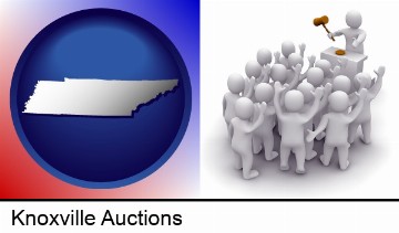 a 3d auction rendering, showing an auctioneer, a hammer, and bidders in Knoxville, TN