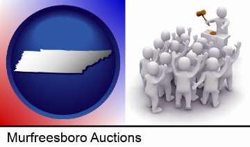 a 3d auction rendering, showing an auctioneer, a hammer, and bidders in Murfreesboro, TN