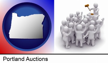 a 3d auction rendering, showing an auctioneer, a hammer, and bidders in Portland, OR