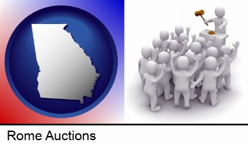 a 3d auction rendering, showing an auctioneer, a hammer, and bidders in Rome, GA