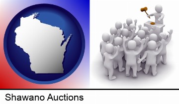 a 3d auction rendering, showing an auctioneer, a hammer, and bidders in Shawano, WI
